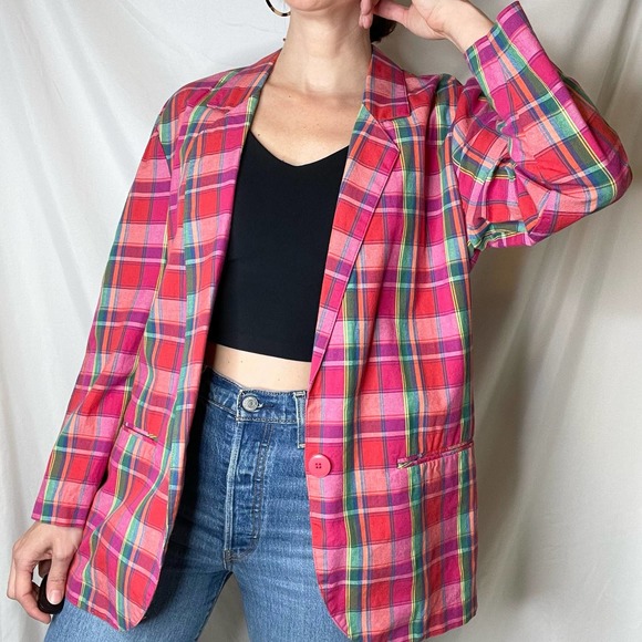 Vintage 90s rainbow plaid single breasted blazer oversized longline colorful M - Picture 16 of 17
